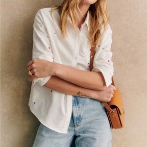 Sezane Tomboy shirt with colorful embroidered hearts